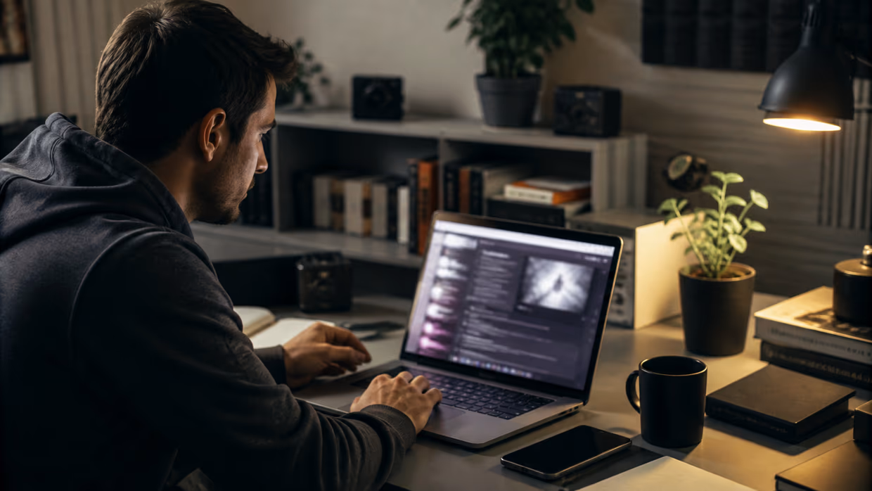 person researching dark web chatrooms at a desk