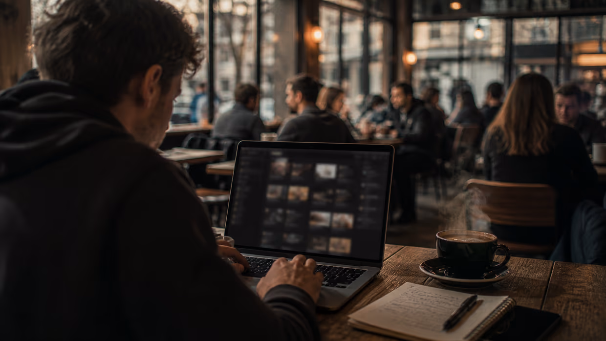 individual in a café accessing dark web resources