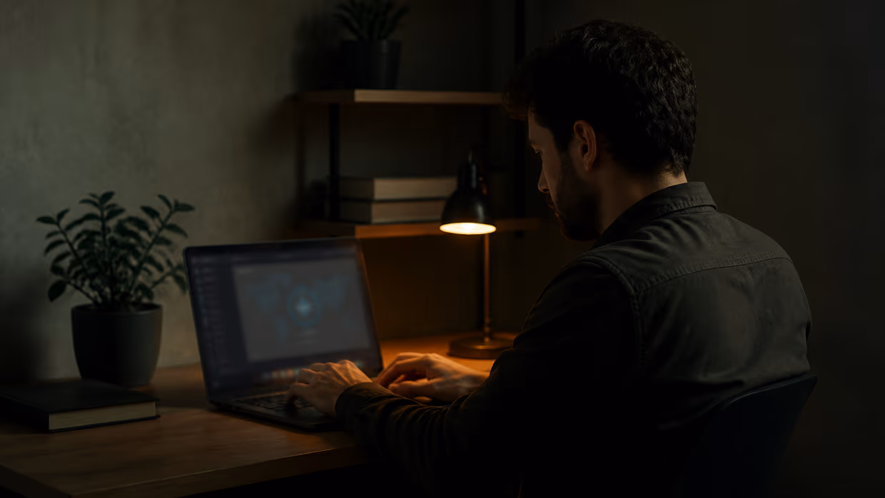 individual using laptop in a dimly lit room